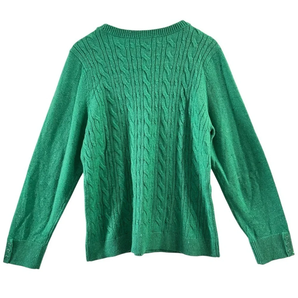 Talbots Green Cable Knit Sweater Women’s XL Crewneck Button Cuff